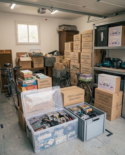 Jeux vidéo et anciennes consoles stockés dans un garage