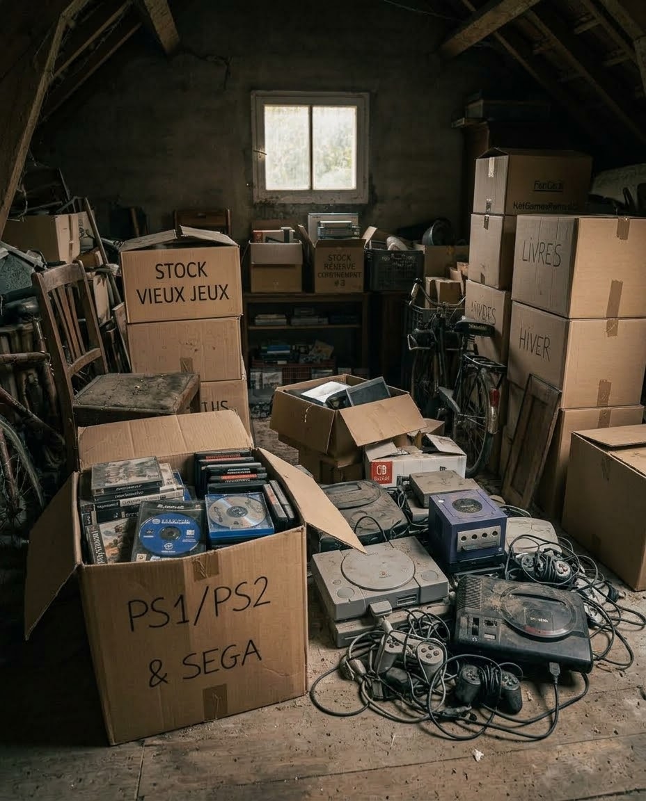 Anciennes consoles et jeux vidéo stockés dans un grenier